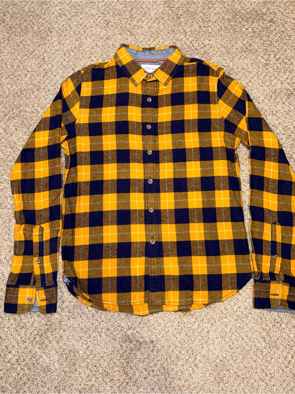 Hudson & Barrow Mountain Flannel Mustard Yellow Navy Plaid Shirt Men's Medium